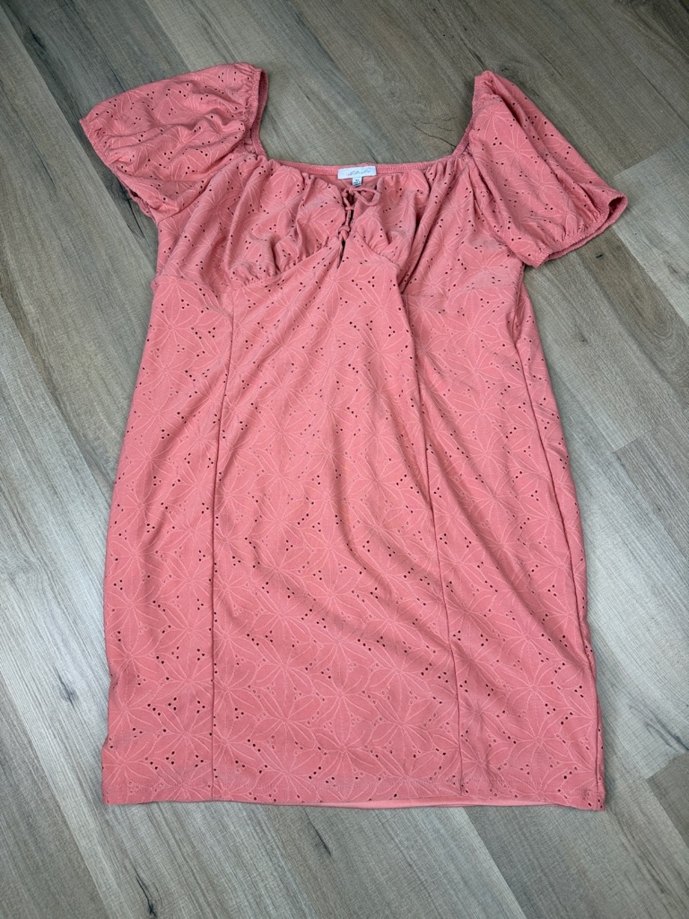NWT Blashe Coral Eyelet Mini‎ Dress 3X Plus Puff Sleeve Square Neck Tie Front